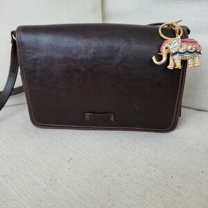 Vintage Dark Brown Leather Crossbody Bag with Elephant Charm